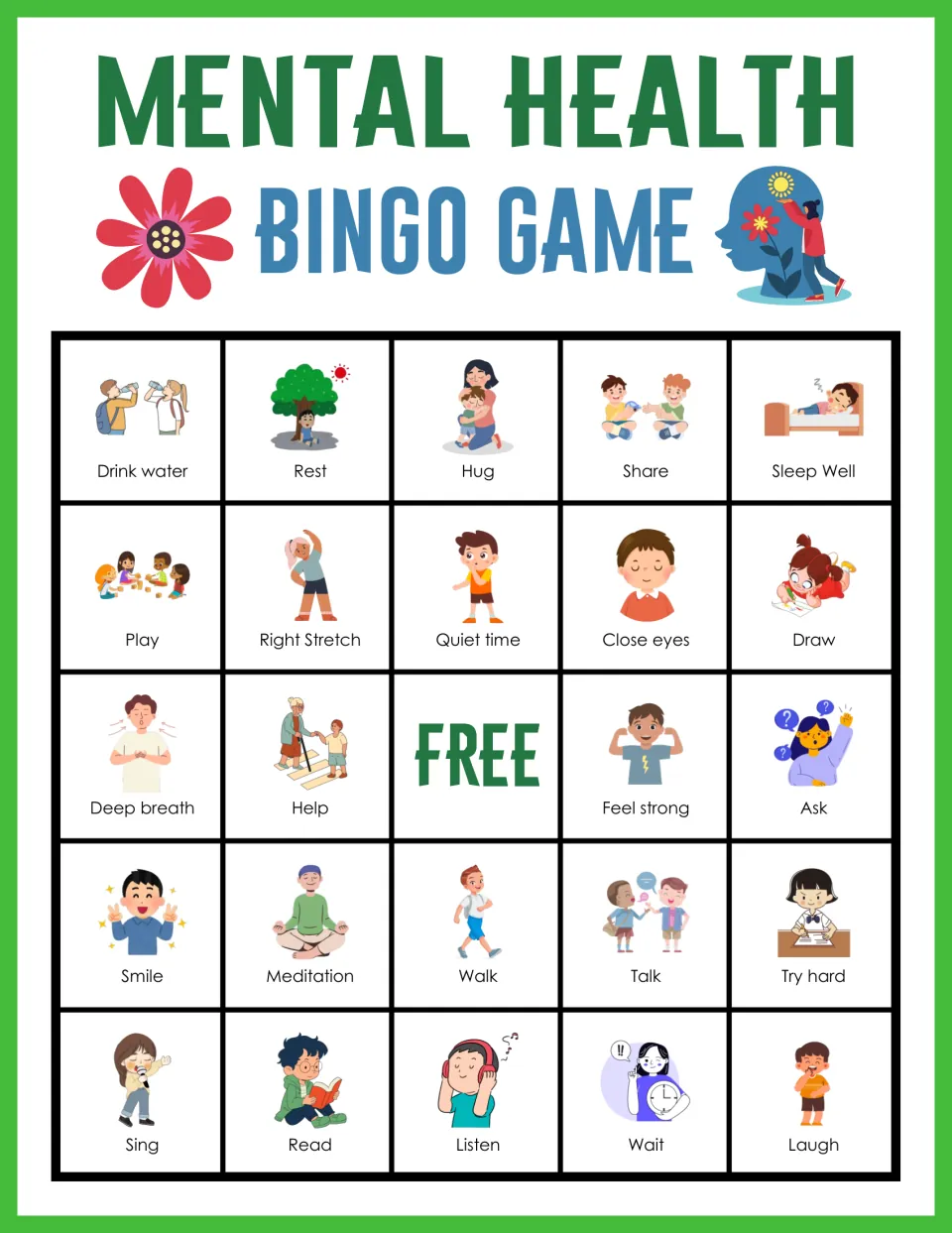 Mental health bingo card 1: students mark self-care actions such as Drink water, Rest, Hug, Share and Sleep Well