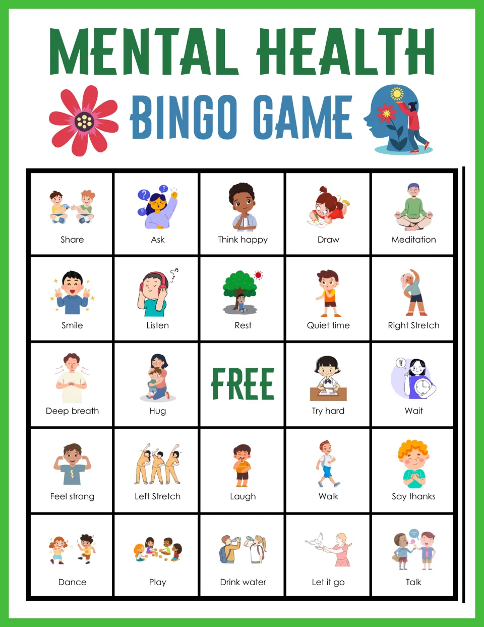 Bingo card 2 with a FREE center: players cover coping actions like Think happy, Say thanks, Let it go and Left Stretch