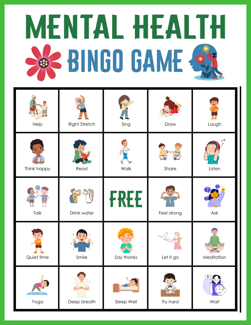 Card 3 of the bingo set: students match called self-care words to pictures, including Help, Sing, Yoga and Sleep Well
