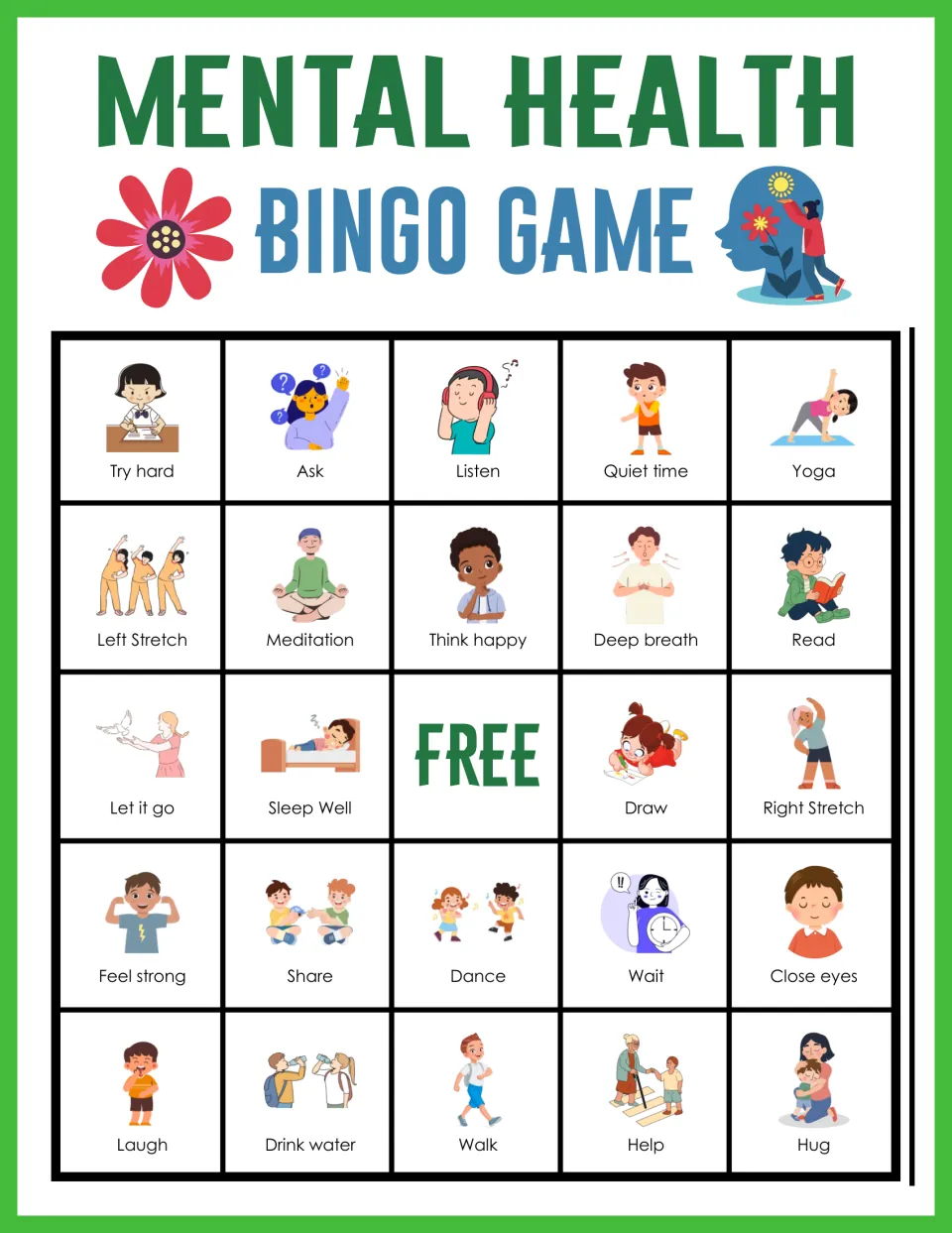 Bingo card 4 of picture squares for calming habits; top row reads Try hard, Ask, Listen, Quiet time and Yoga