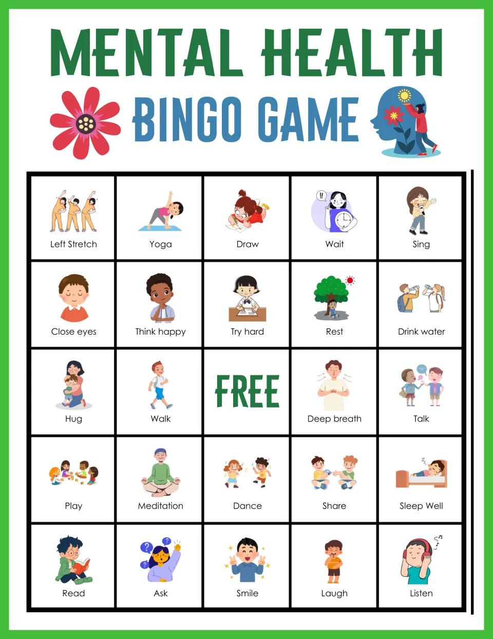 Bingo card 5: students listen for wellbeing actions and mark squares such as Left Stretch, Close eyes, Hug and Dance