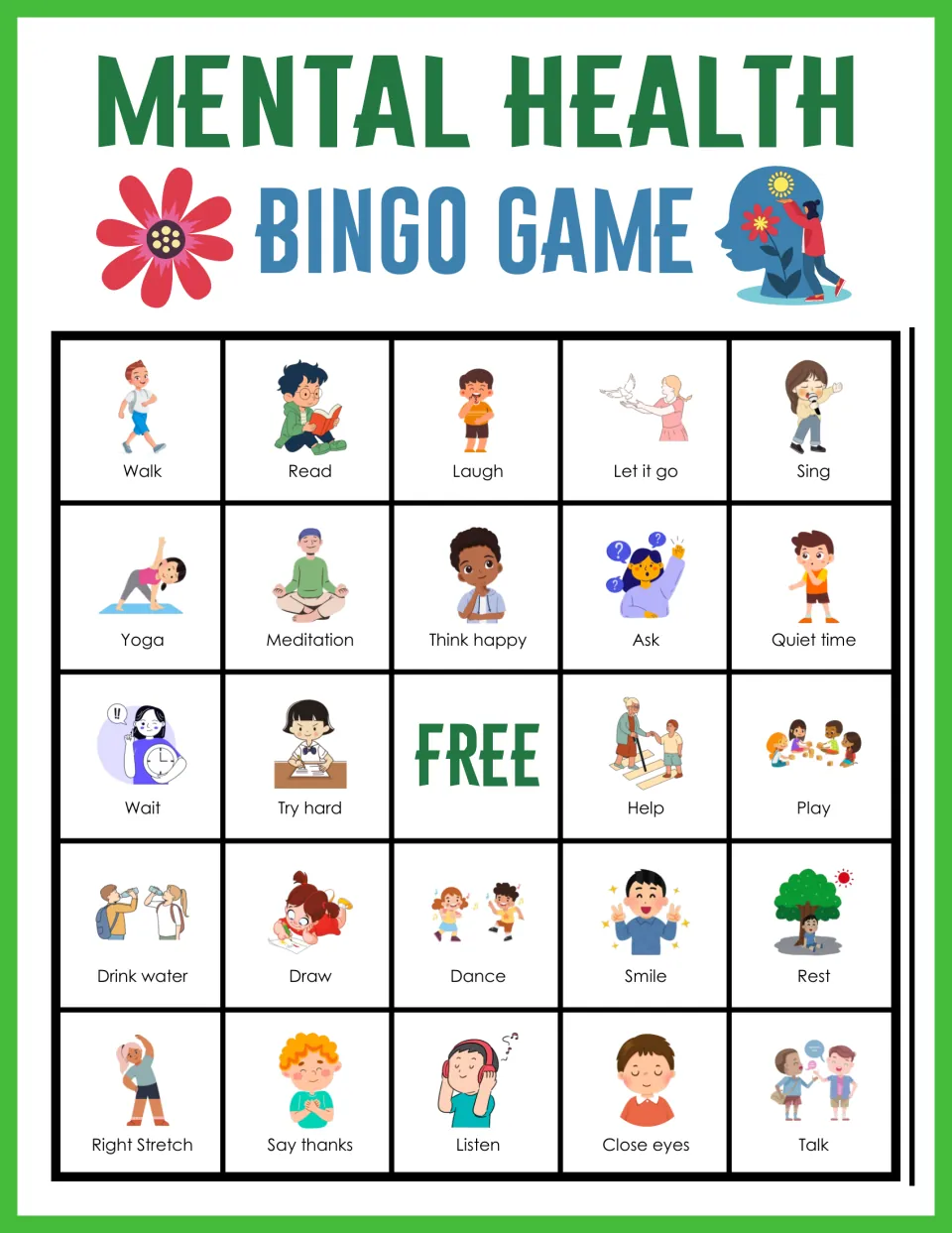 Self-care bingo card 6 with illustrated squares for Walk, Read, Laugh, Let it go and Sing along the top row