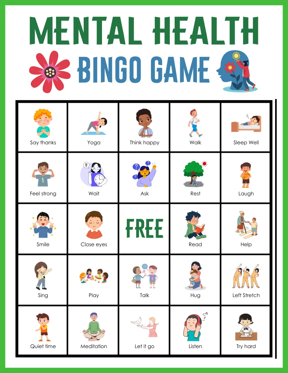 Bingo card 7: students mark positive habits pictured on the card, starting with Say thanks, Yoga, Think happy and Walk