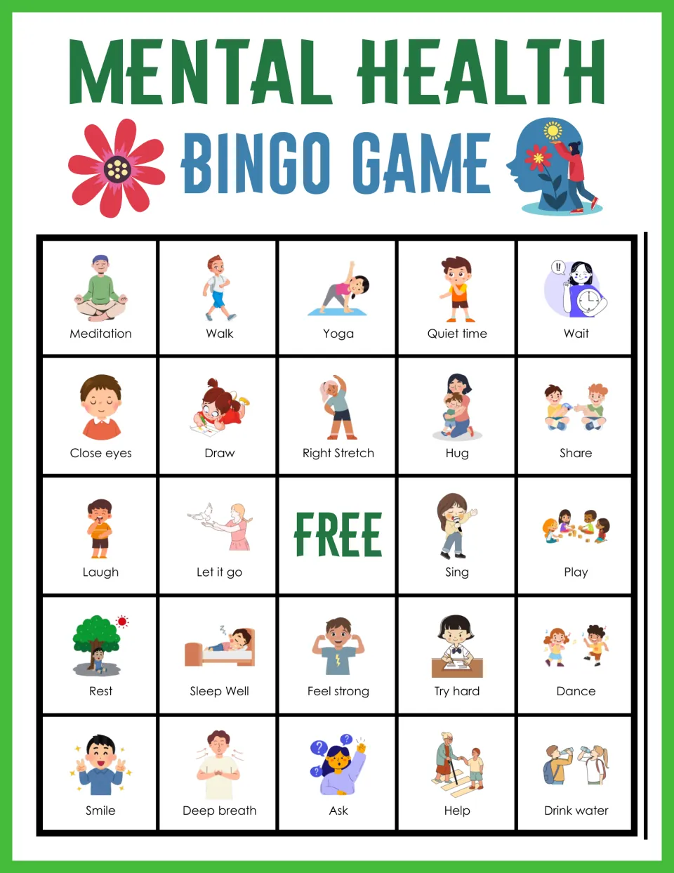 Bingo card 8 of feelings and self-care actions, opening with Meditation, Walk, Yoga, Quiet time and Wait squares