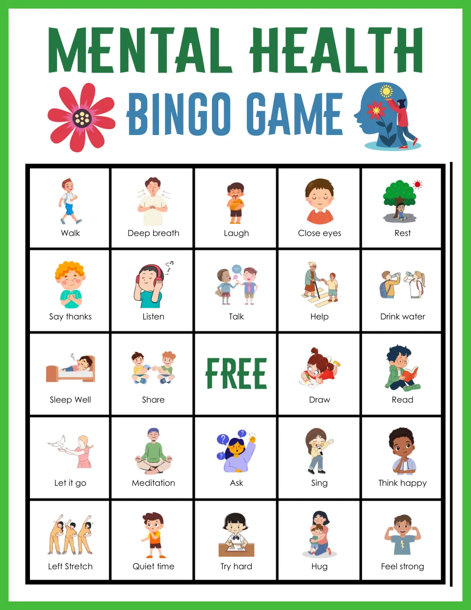 Bingo card 9: players cover pictured coping strategies, from Walk, Deep breath and Laugh to Close eyes and Rest