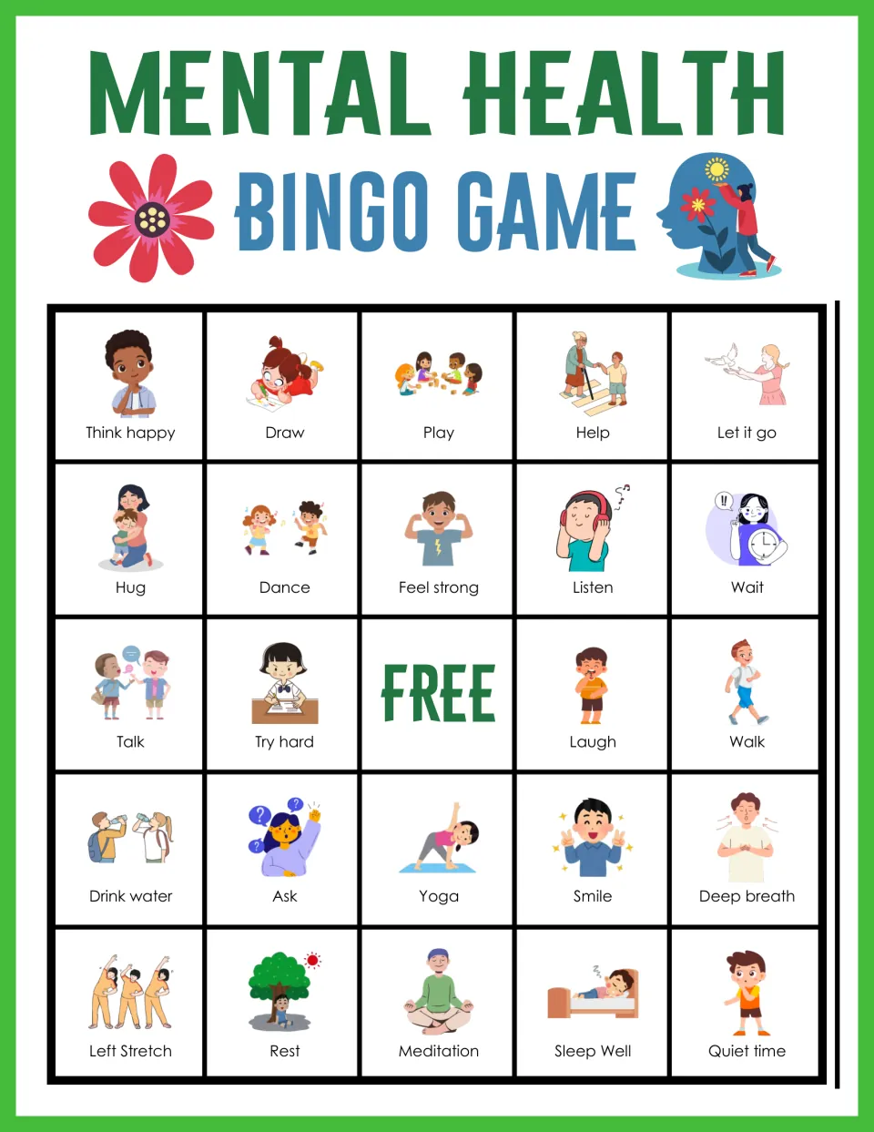 Final bingo card 10: students mark self-regulation actions like Think happy, Draw, Play, Help and Let it go