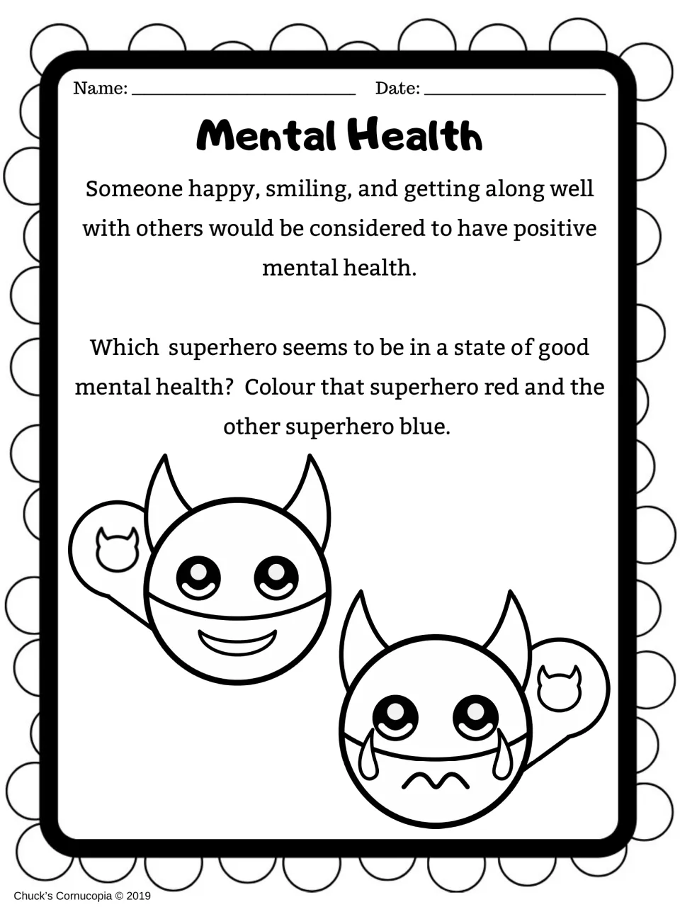 Mental health coloring activity asks students to color the happy superhero red and the crying superhero blue