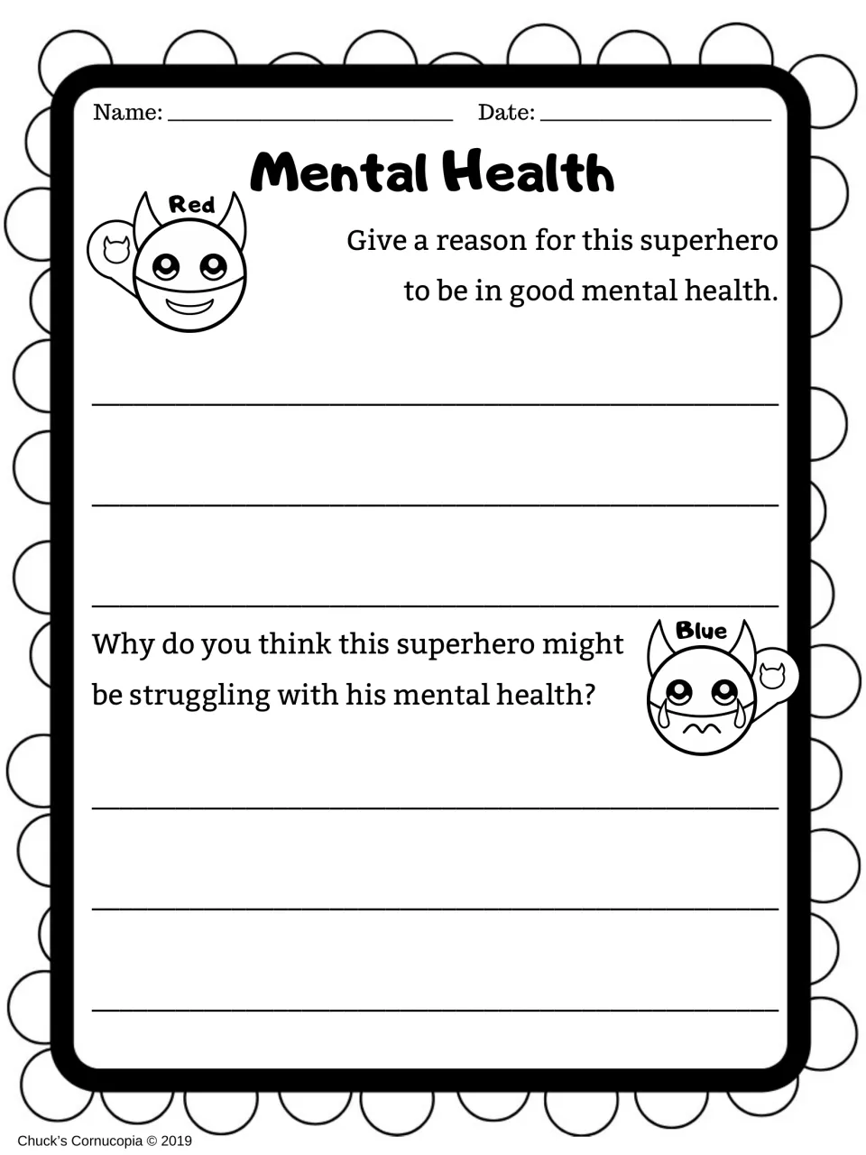 Superhero writing activity asks why one character is in good mental health and the other is struggling