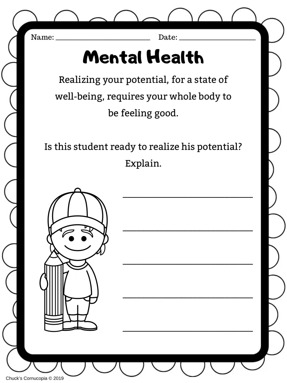 Mental health writing prompt asks whether a smiling student holding a pencil is ready to realize his potential