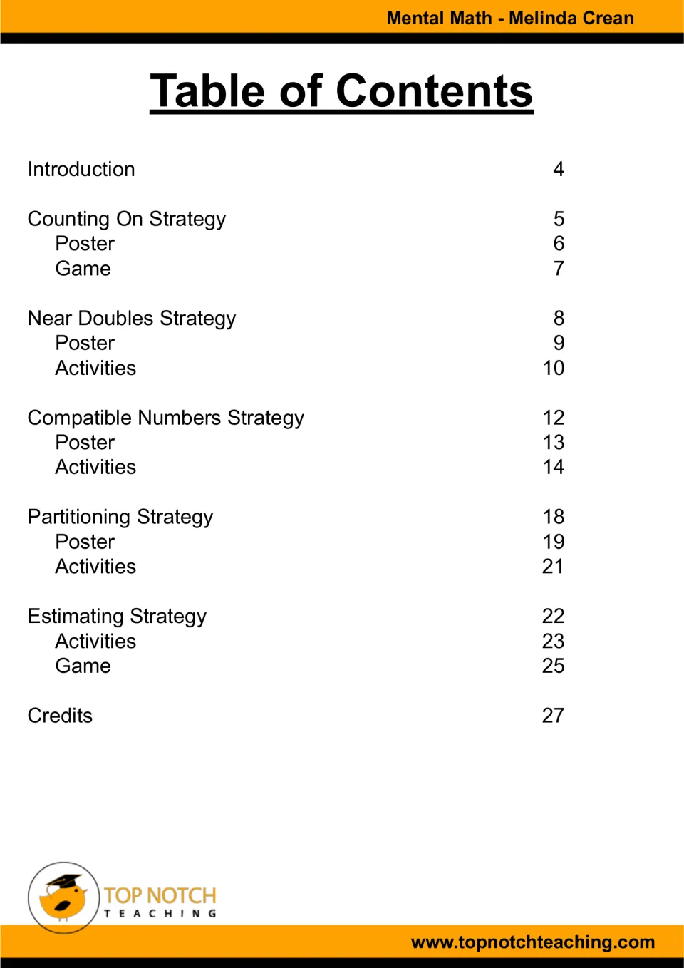 Contents for the mental math pack: counting on, near doubles, compatible numbers, partitioning, and estimating