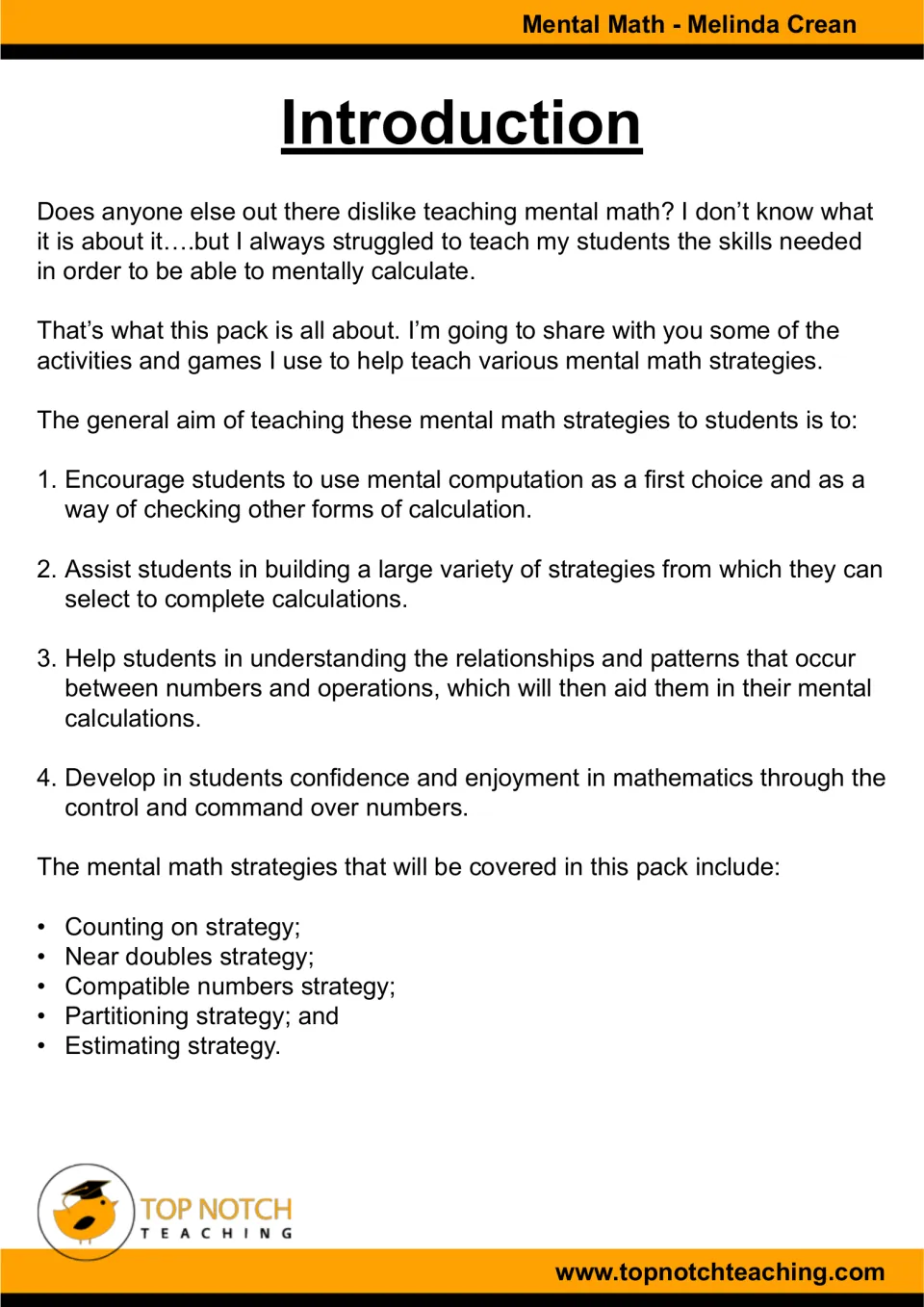 Introduction to the mental math pack, explaining four teaching aims and naming the five strategies covered