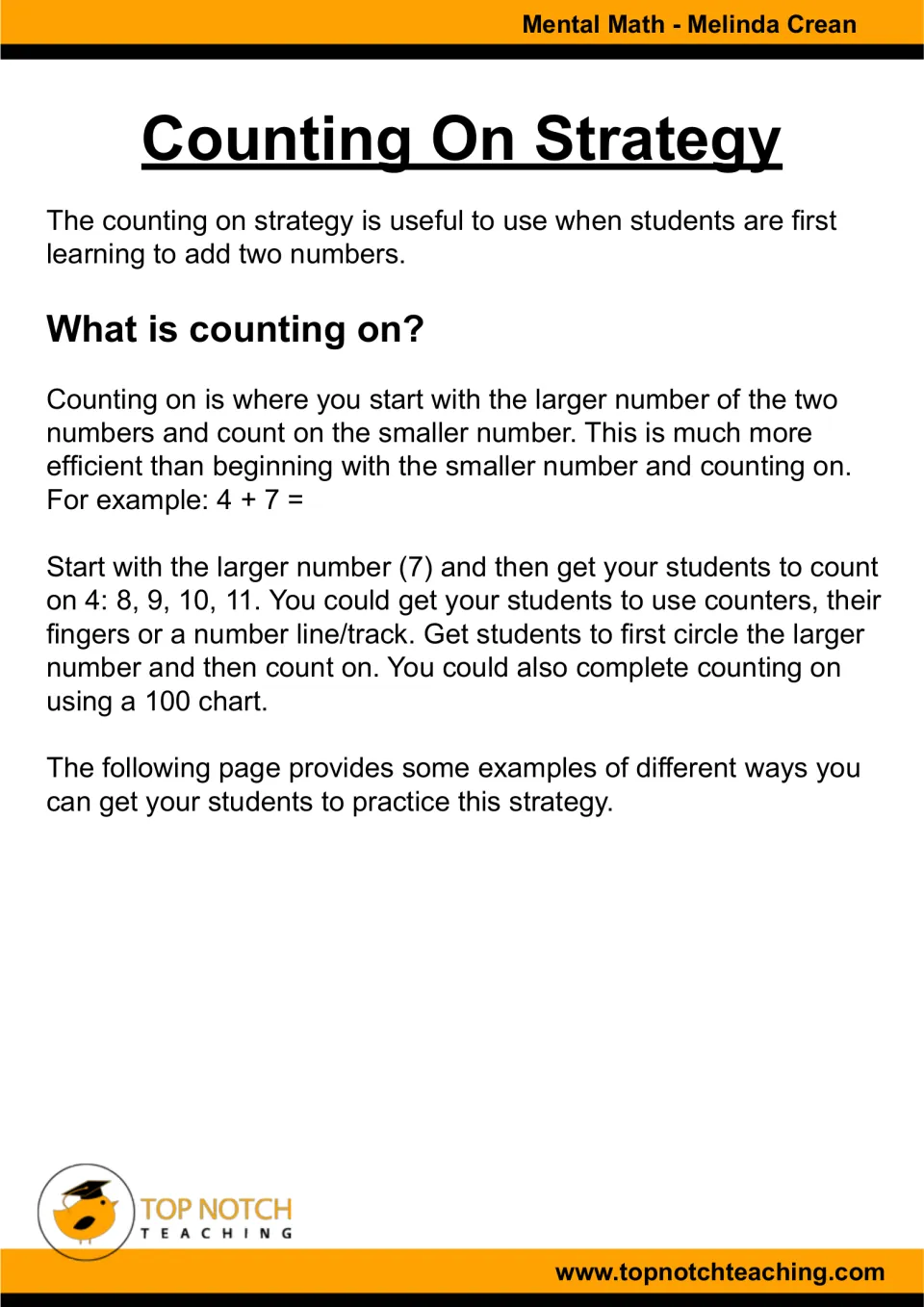 Counting on teacher guide explains starting with the larger addend, using 4 + 7 and counting from 7 to 11