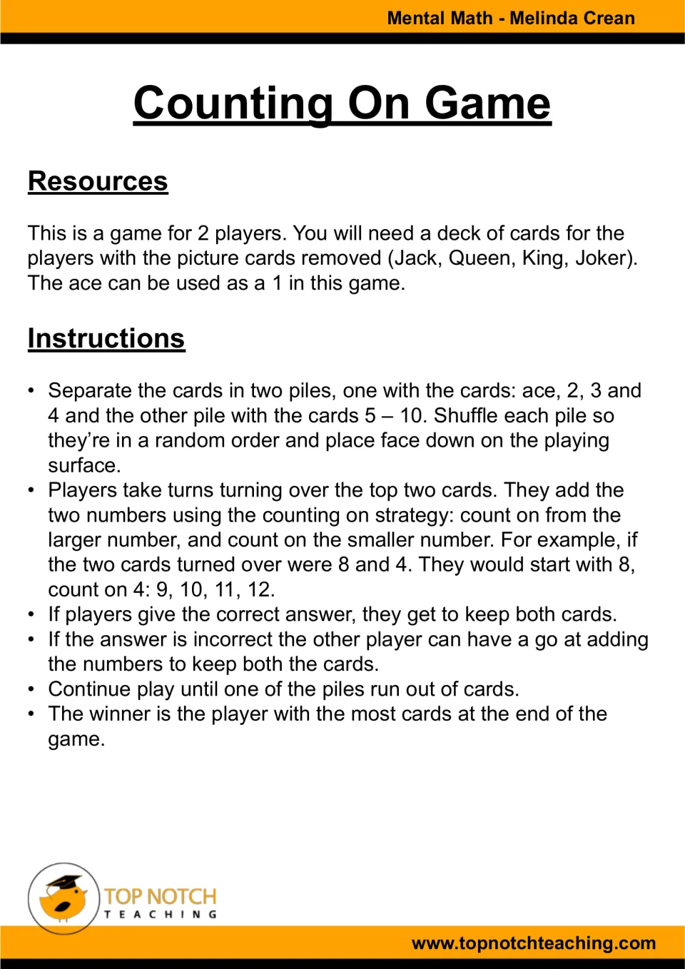 Counting on game instructions for two players using playing cards, adding from the larger number to win cards