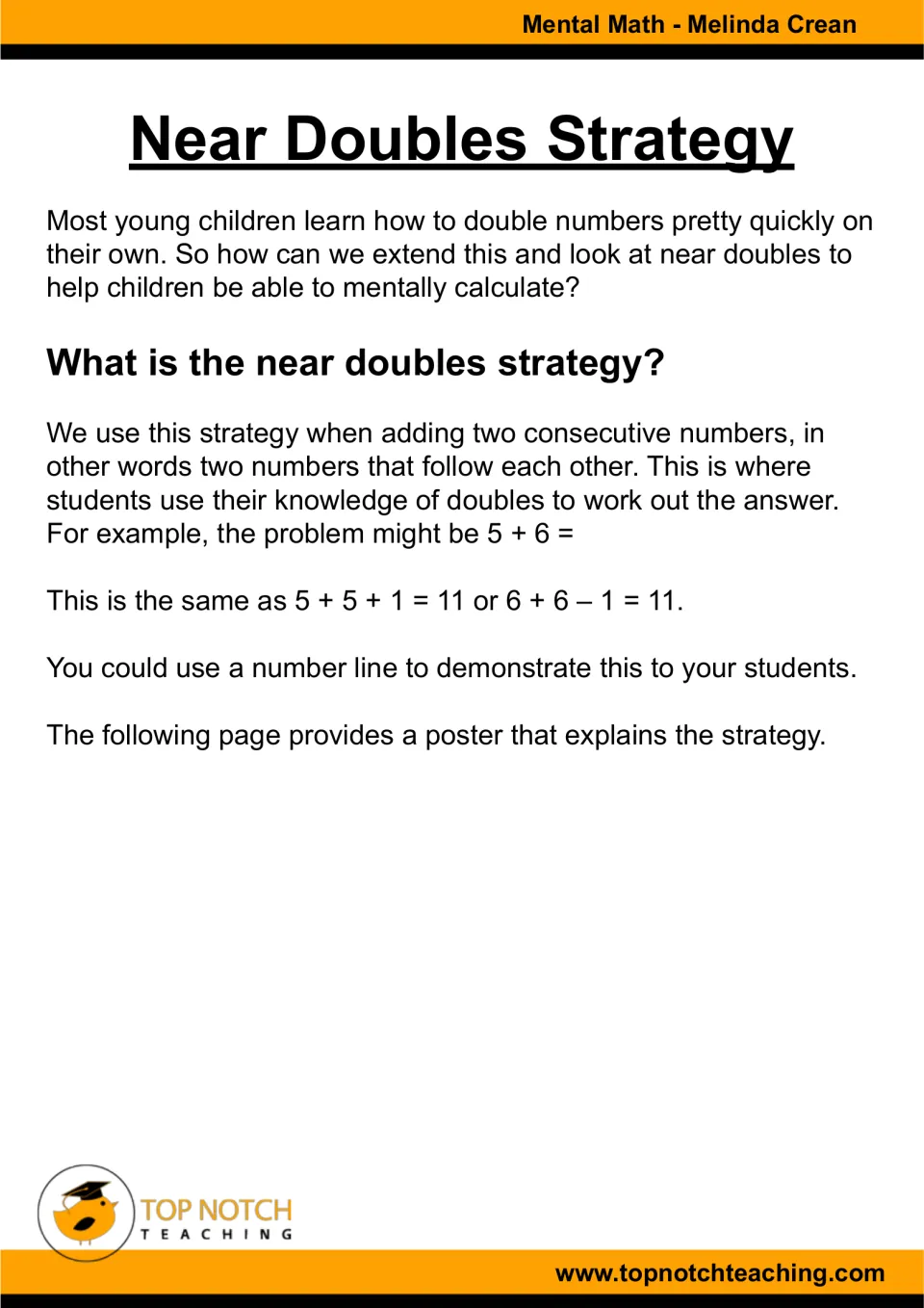 Near doubles teacher guide explains adding consecutive numbers, rewriting 5 + 6 as 5 + 5 + 1 or 6 + 6 − 1