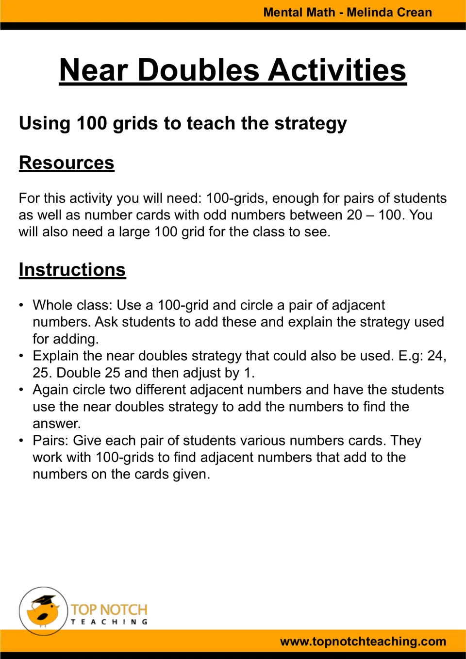 Near doubles activity directions use 100 charts and odd-number cards for whole-class modeling and pair work
