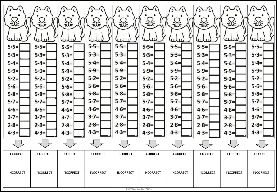 Mental math practice repeats 12 multiplication problems ten times, including 5 × 5, 5 × 3, and 4 × 6.