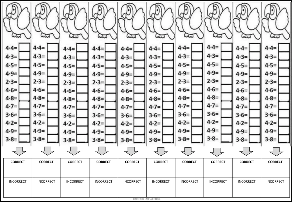 Mental math practice repeats 12 multiplication problems ten times, including 4 × 4, 4 × 3, and 3 × 8.