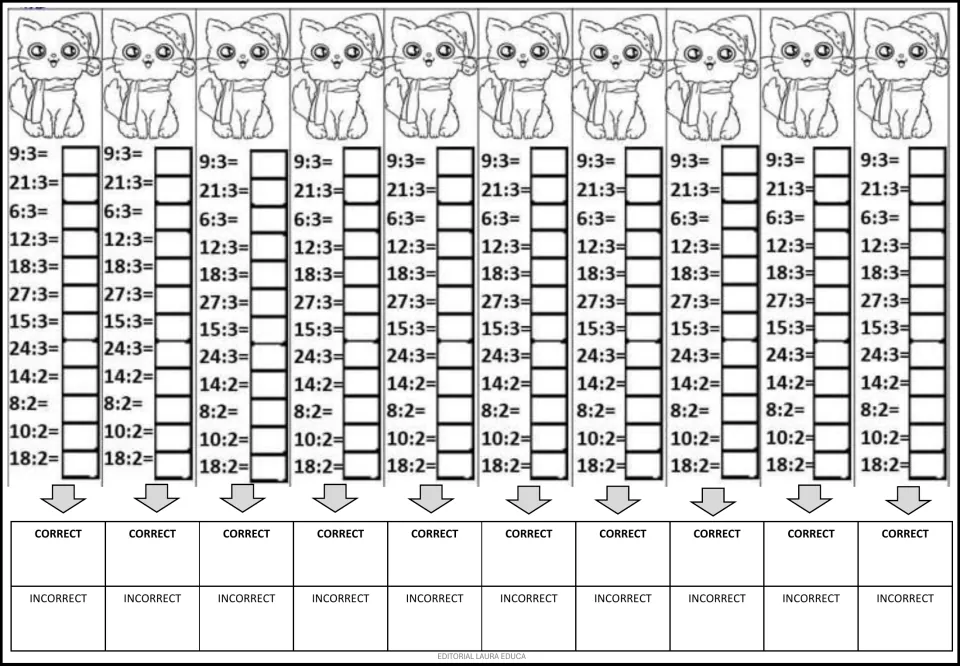 Mental math practice repeats 12 division problems ten times, including 9 ÷ 3, 21 ÷ 3, and 14 ÷ 2.