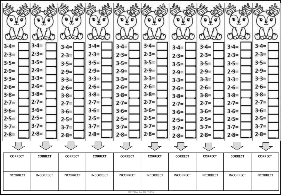 Mental math practice repeats 12 multiplication problems ten times, including 3 × 4, 2 × 3, and 2 × 9.