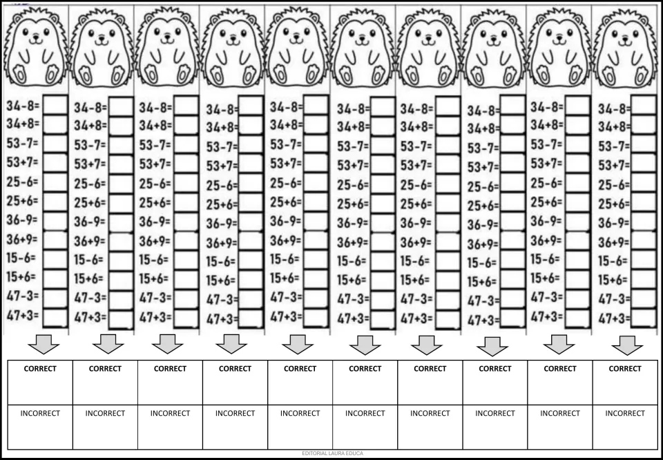 Mental math practice repeats 12 addition and subtraction problems ten times, including 34 − 8 and 34 + 8.