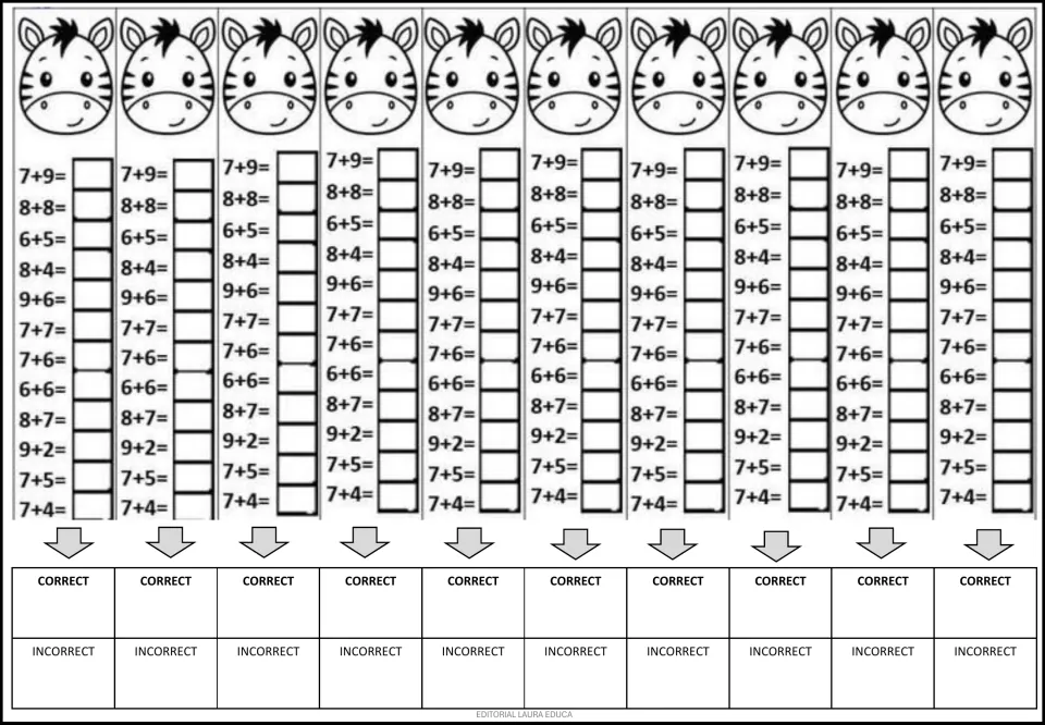 Mental math practice repeats 12 addition problems ten times, including 7 + 9, 8 + 8, and 6 + 5.