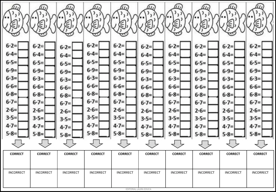 Mental math practice repeats 12 multiplication problems ten times, including 6 × 2, 6 × 4, and 5 × 8.
