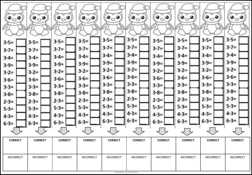 Mental math practice repeats 12 multiplication problems ten times, including 3 × 5, 3 × 7, and 6 × 3.