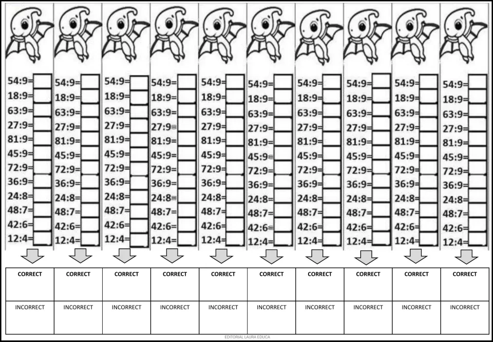 Mental math practice repeats 12 division problems ten times, including 54 ÷ 9, 18 ÷ 9, and 24 ÷ 8.