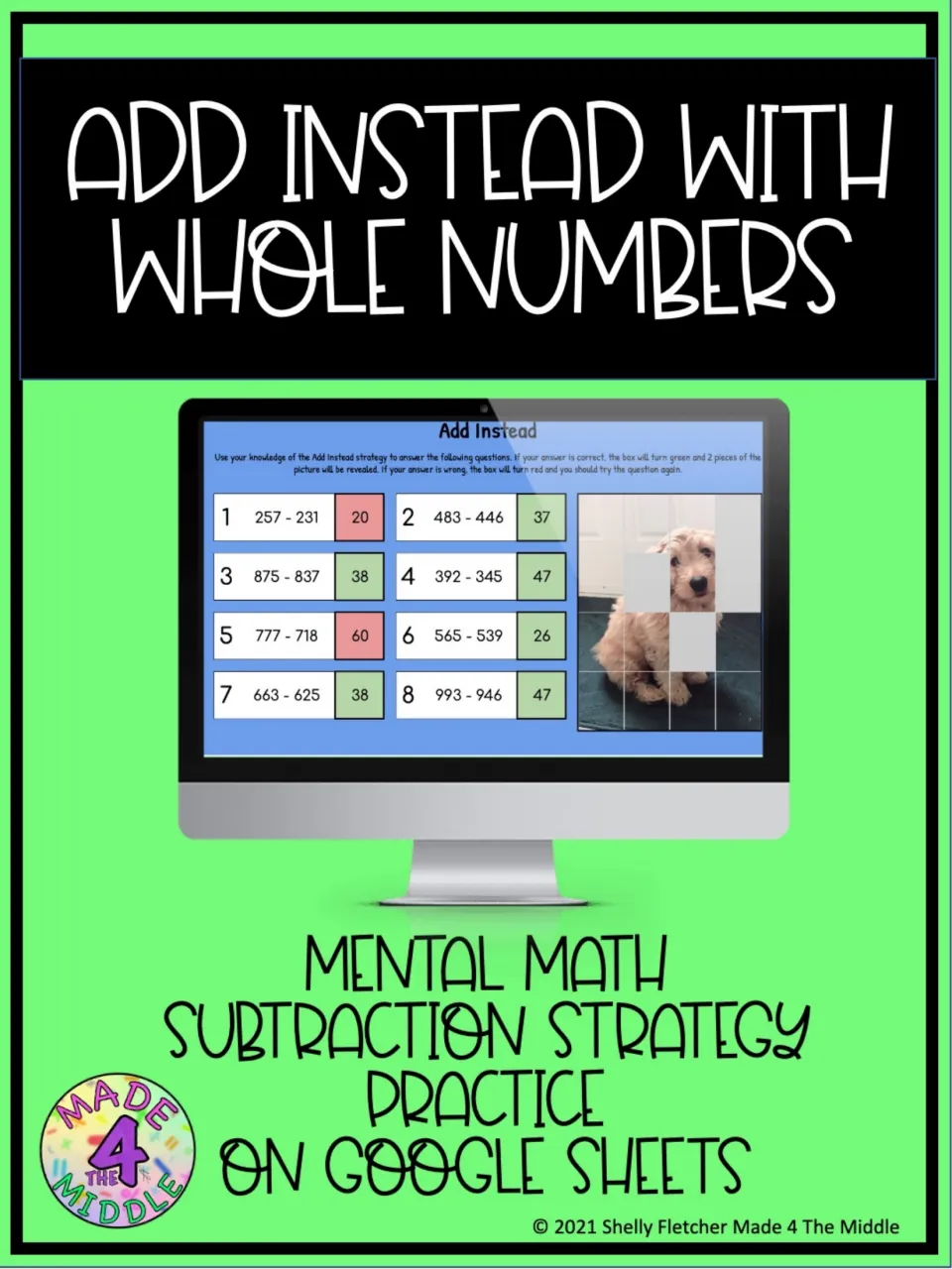 Add Instead with Whole Numbers cover: a Google Sheets screen of 8 subtraction problems beside a partly revealed dog photo