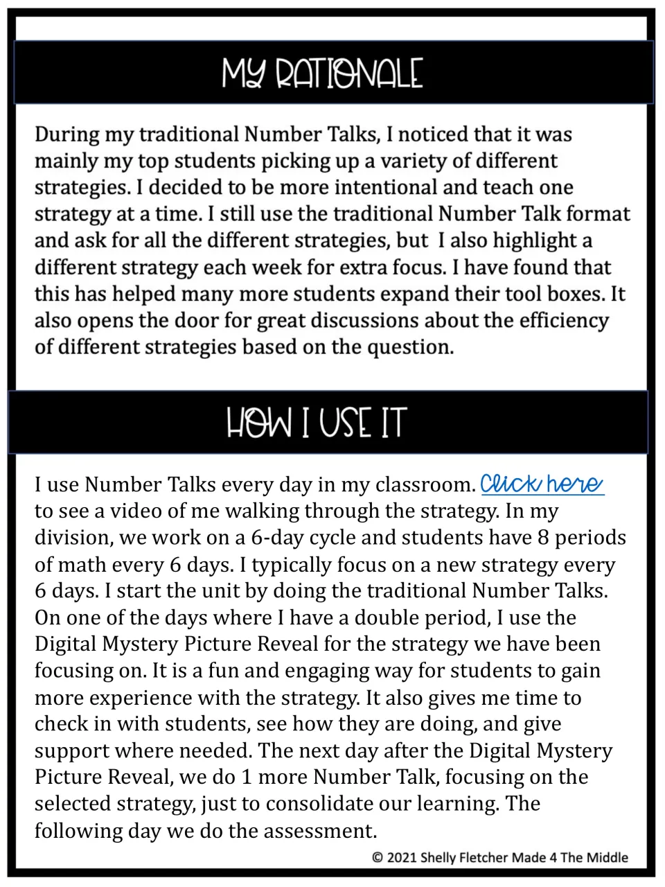 Teacher rationale and routine: one strategy per 6-day cycle, with Number Talks, a picture reveal day, then an assessment