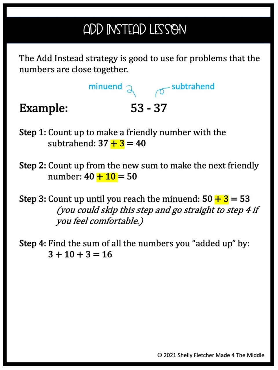Add Instead lesson: four steps solve 53 - 37 by counting up 3, 10 and 3 from the subtrahend, then adding them to get 16