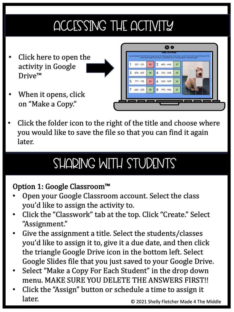 Accessing the activity: steps to copy the Google Drive file and assign it through Google Classroom after deleting answers