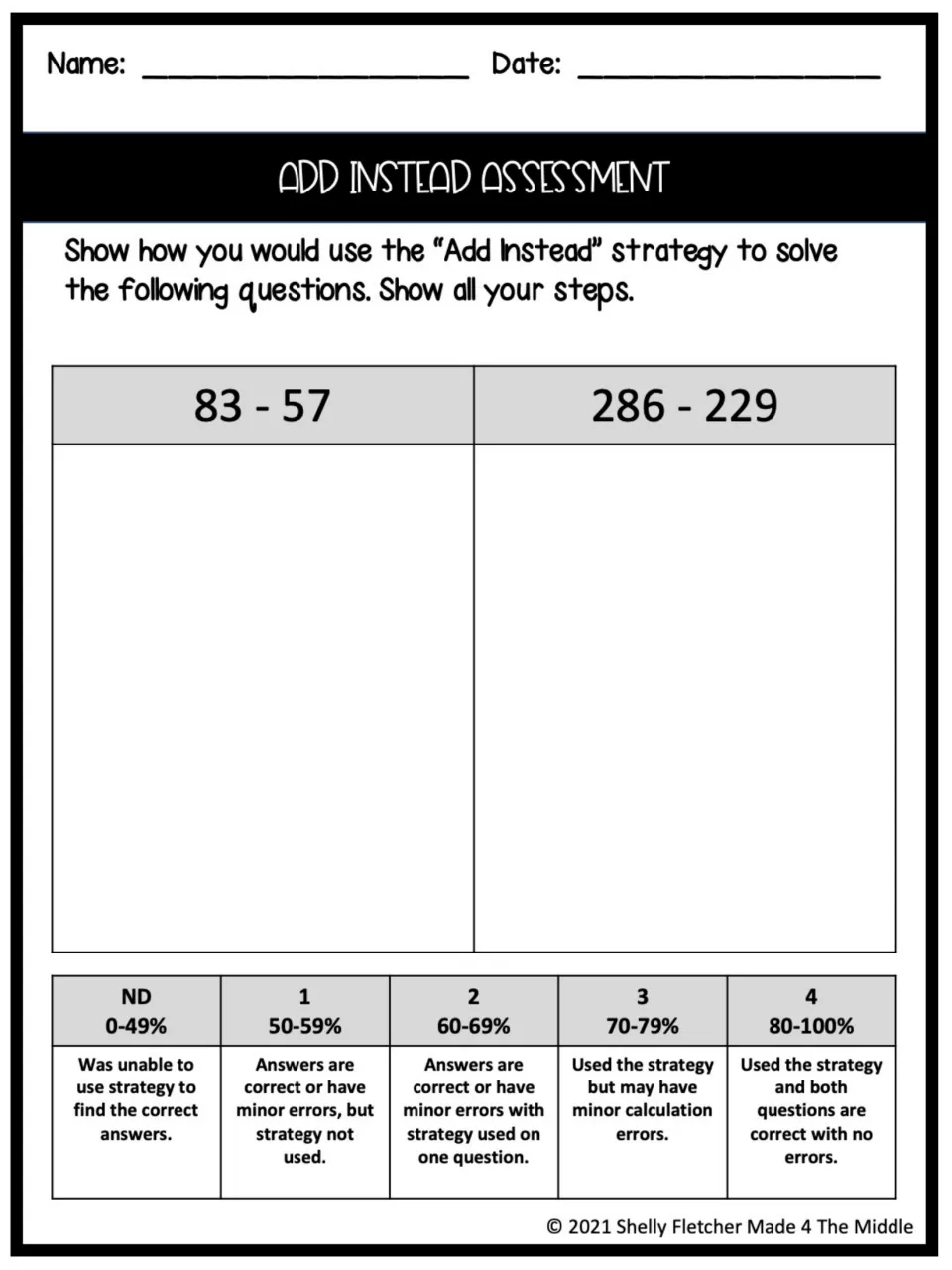 Add Instead assessment: students show every step solving 83 - 57 and 286 - 229, scored on an ND-to-4 rubric