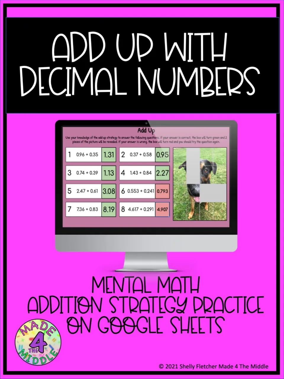 Add Up with Decimal Numbers cover: Google Sheets mental math activity where correct sums reveal a hidden dog photo