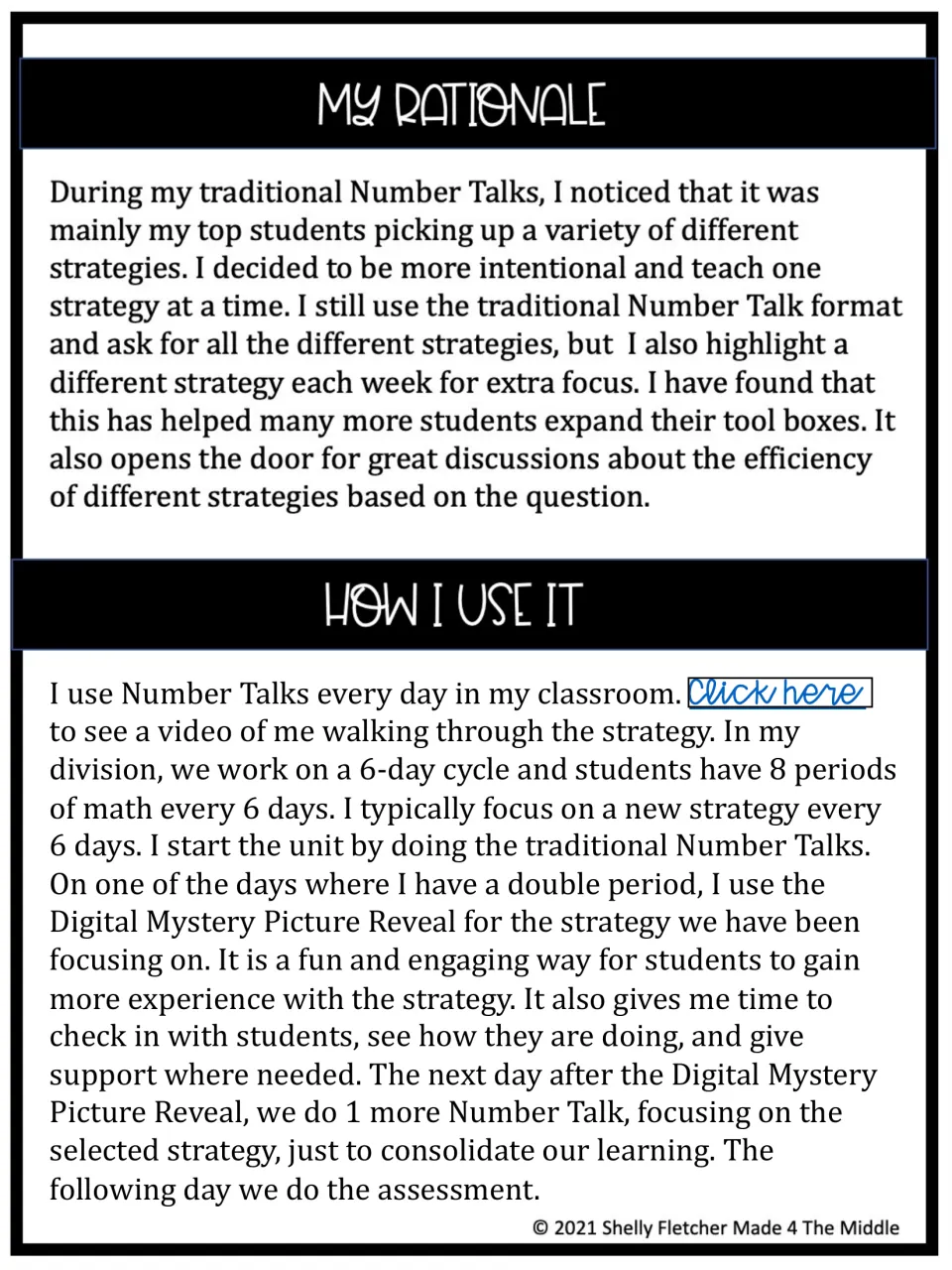 Rationale and use notes: one Number Talk strategy every 6 days, the picture reveal on a double period, then a test