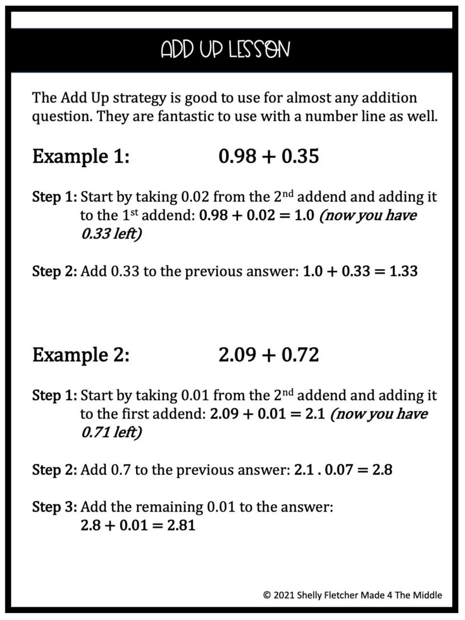Add Up lesson: two worked decimal examples, 0.98 + 0.35 and 2.09 + 0.72, shown step by step by making a whole number first