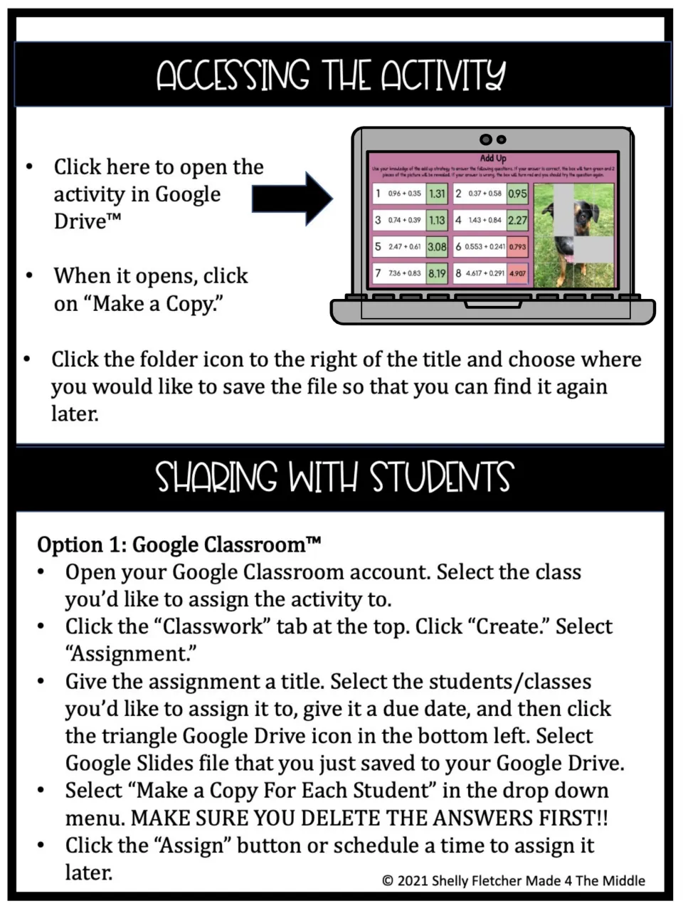 Accessing the activity: steps to copy the file from Google Drive and assign it to students through Google Classroom