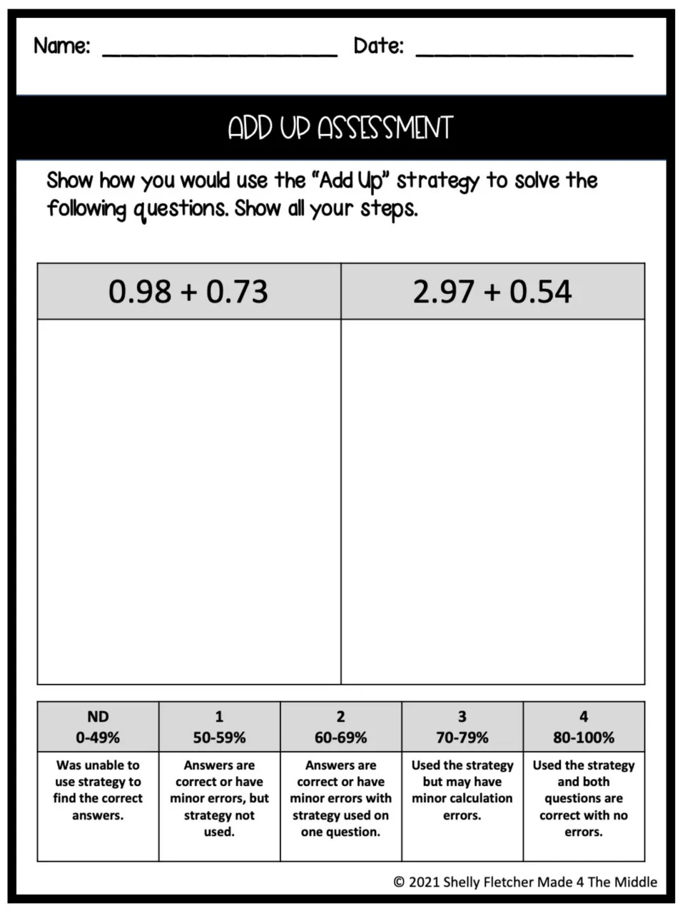Add Up assessment: students show every step of the strategy for 0.98 + 0.73 and 2.97 + 0.54, scored on a ND-to-4 rubric