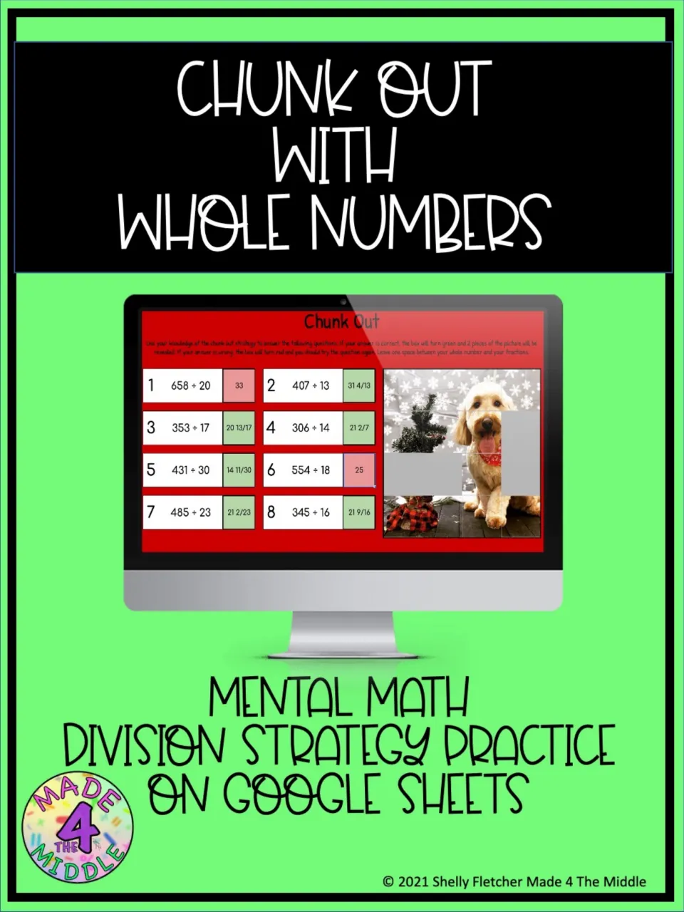 Chunk Out with Whole Numbers cover: Google Sheets division practice with 8 problems that reveal a dog photo when solved