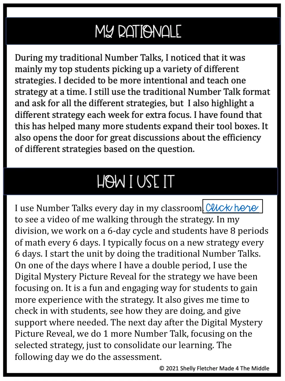 My Rationale and How I Use It: the author explains teaching one Number Talks strategy at a time over a 6-day cycle