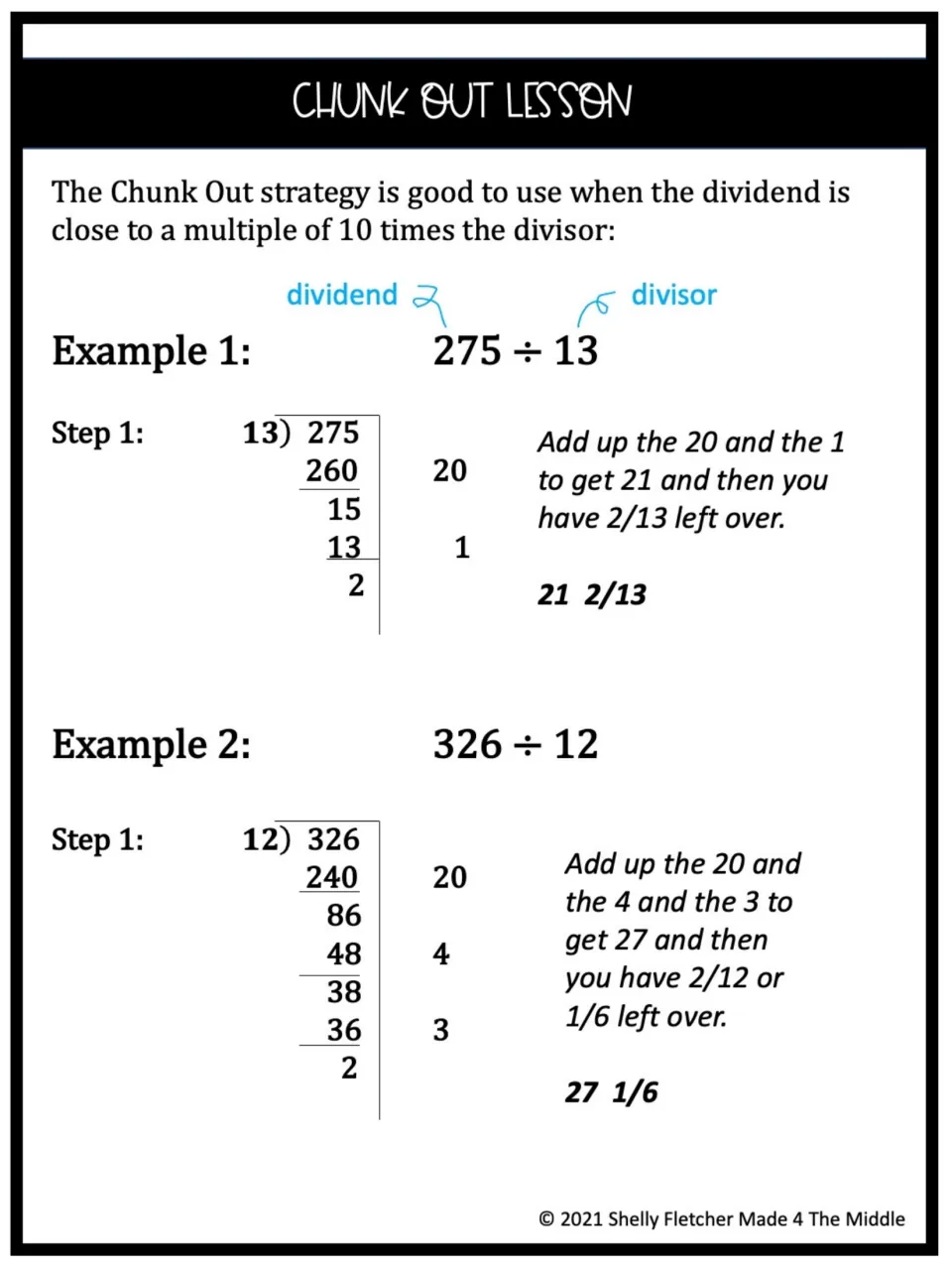 Chunk Out lesson: two worked examples, 275 ÷ 13 = 21 2/13 and 326 ÷ 12 = 27 1/6, subtracting multiples of the divisor