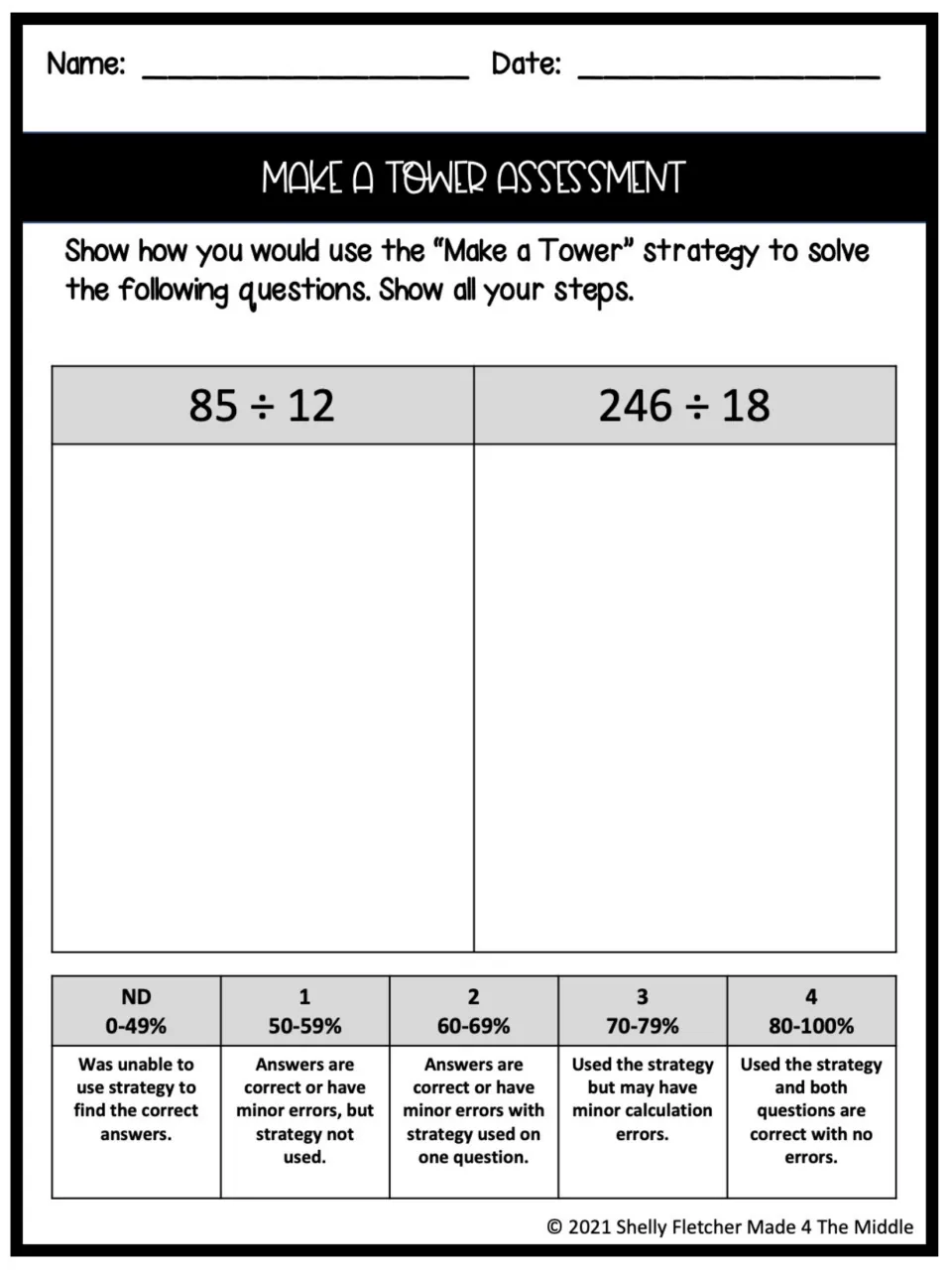 Make a Tower assessment: students show their steps for 85 ÷ 12 and 246 ÷ 18, scored with an ND-to-4 rubric