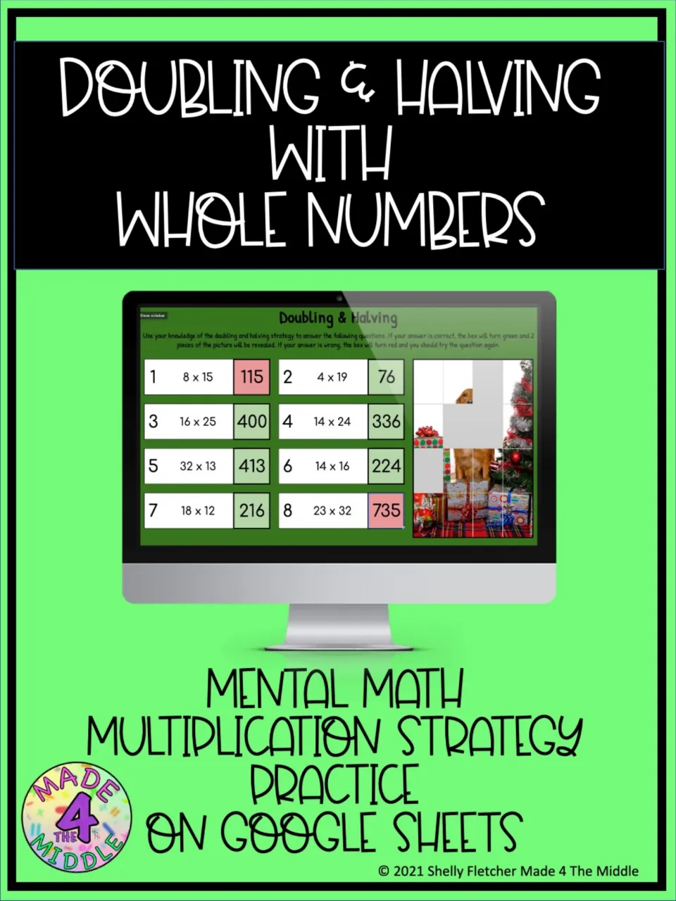 Doubling & Halving with Whole Numbers cover: Google Sheets mental math task with 8 products that reveal a holiday picture