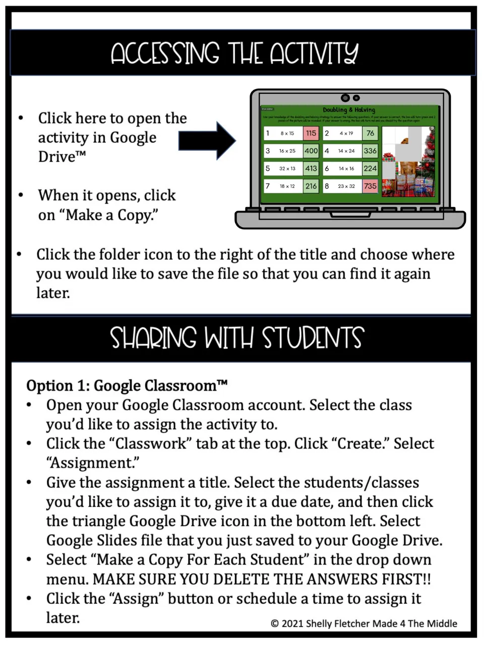 Accessing the activity: steps to copy the file in Google Drive and assign it to students through Google Classroom