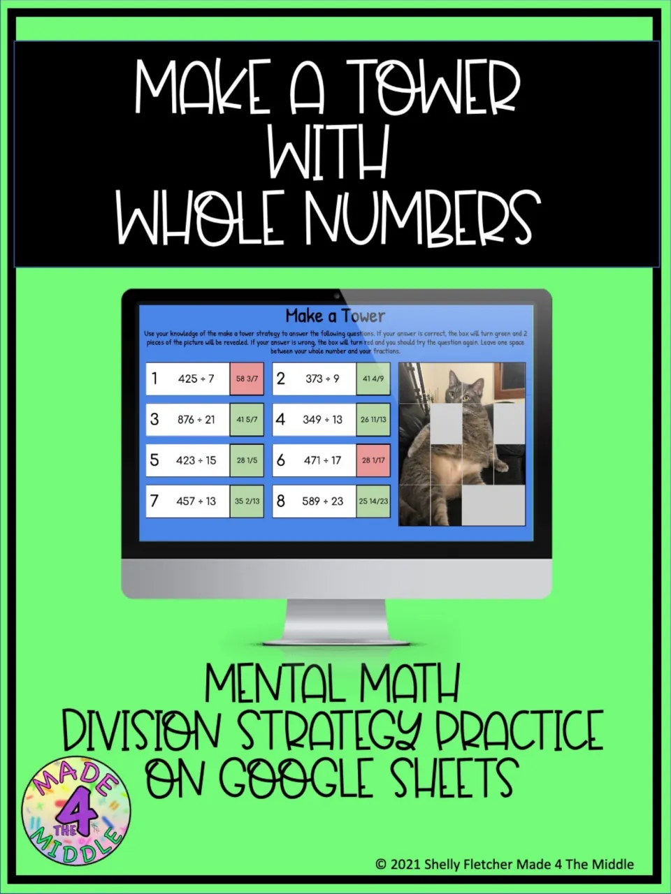 Cover: Make a Tower with Whole Numbers, a Google Sheets division practice with 8 problems that reveal a cat picture