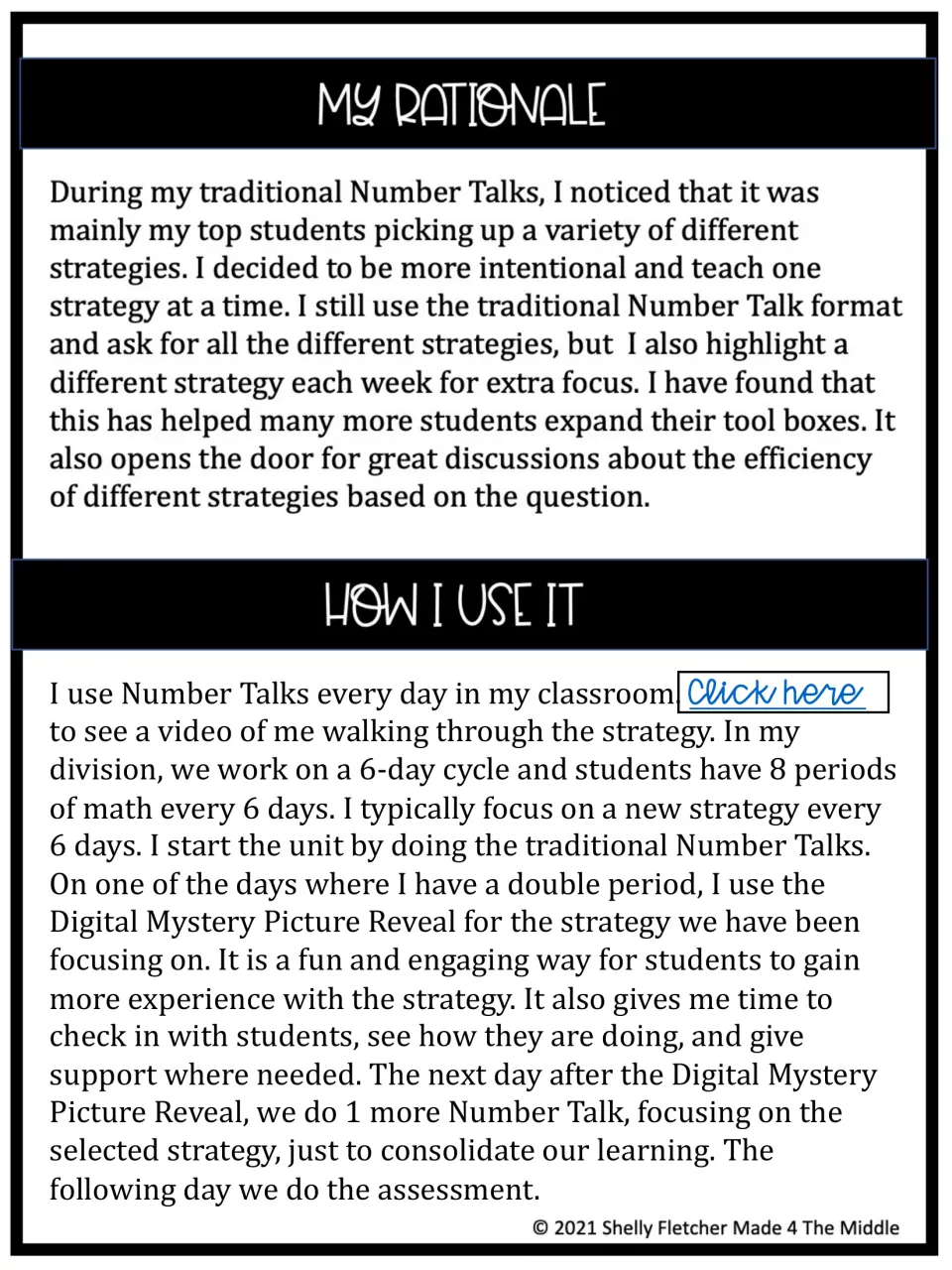 My Rationale and How I Use It: teacher notes on teaching one Number Talk strategy at a time in a 6-day cycle
