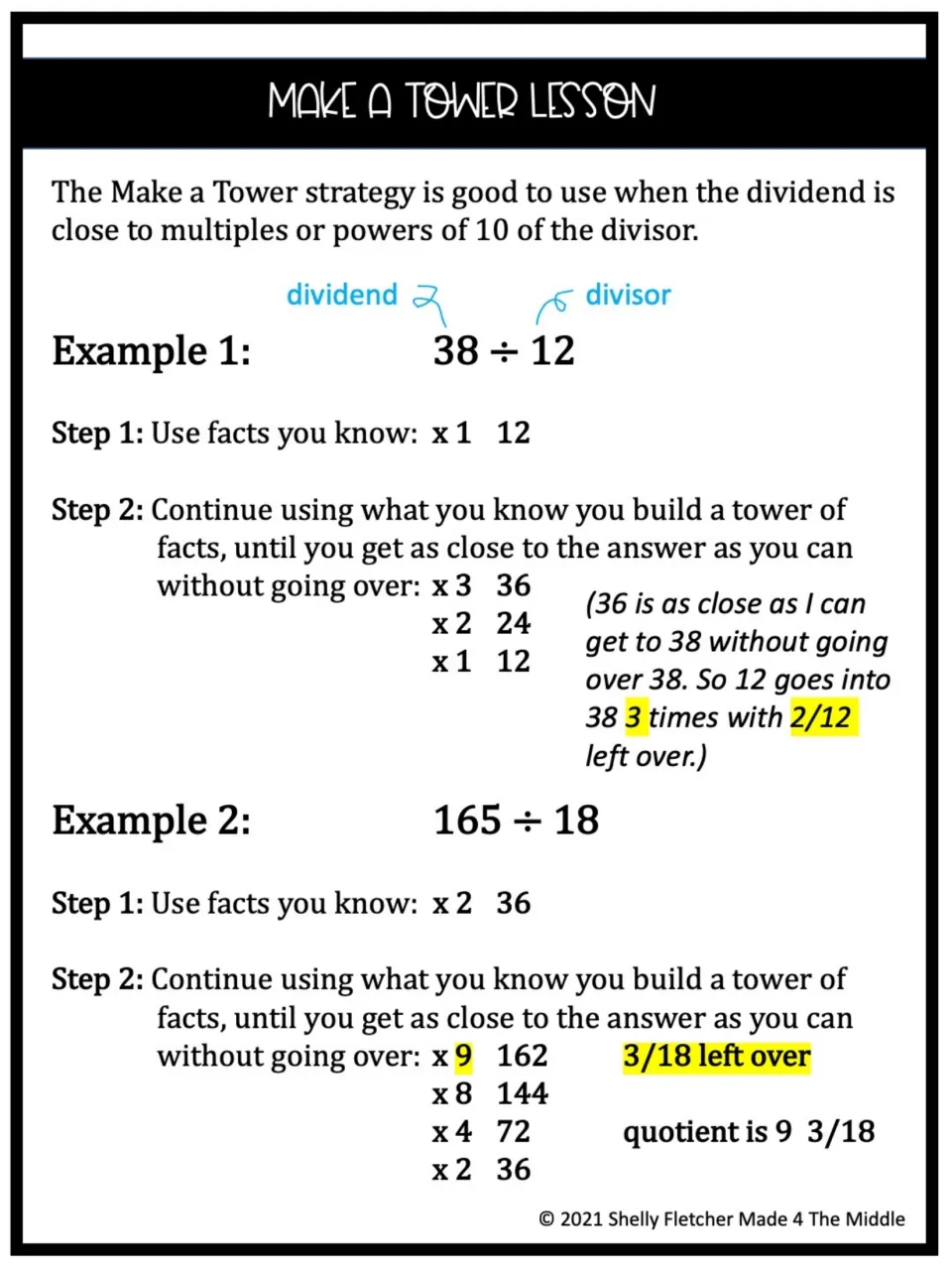 Make a Tower lesson: worked examples 38 ÷ 12 and 165 ÷ 18 build a tower of multiplication facts to find the quotient