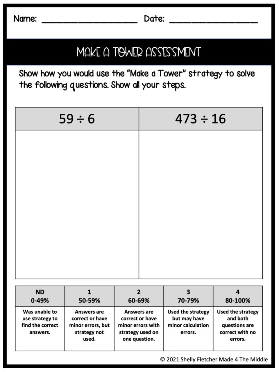 Make a Tower assessment: students show their steps to solve 59 ÷ 6 and 473 ÷ 16, scored with an ND-to-4 rubric