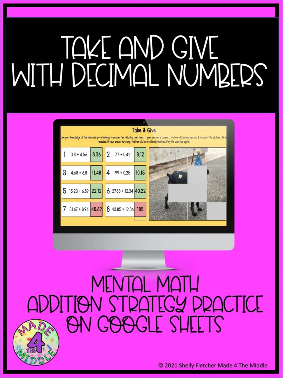 Take and Give with decimal numbers: mental math addition strategy practice on Google Sheets, shown as a mystery picture