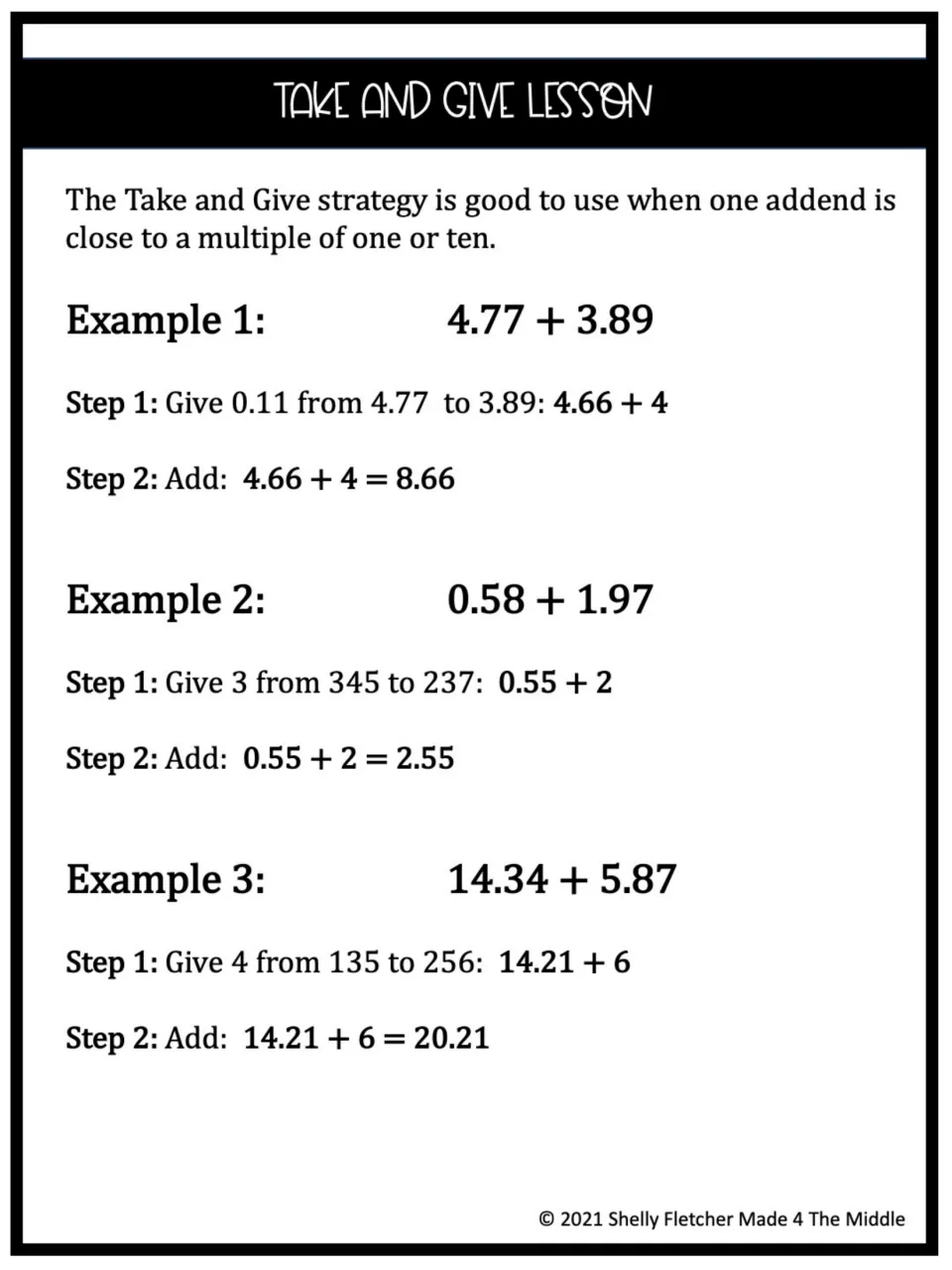 Take and Give lesson: three decimal addition examples, such as 4.77 + 3.89, solved by giving to one addend to make a whole